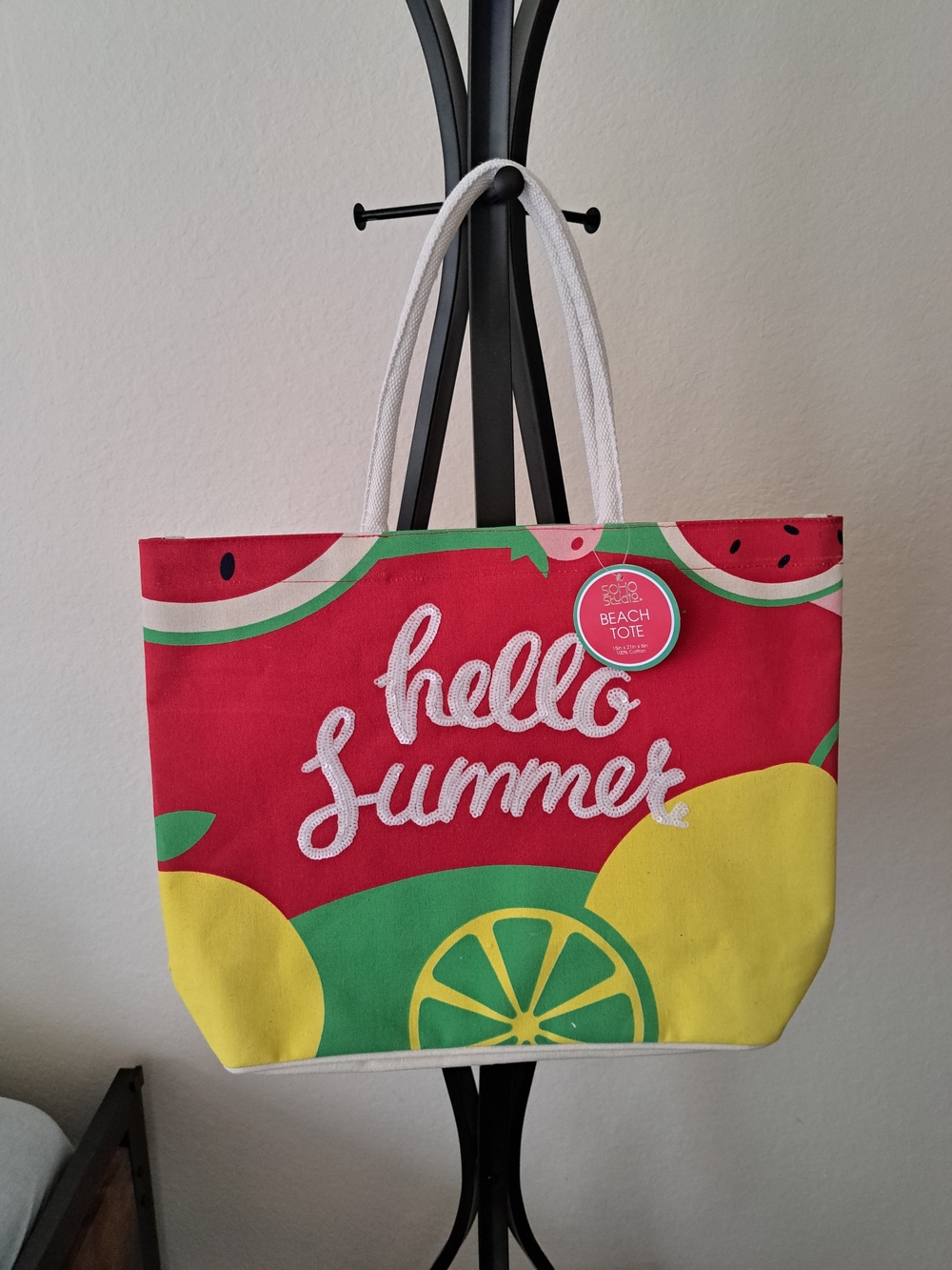 Hello Summer In Sequin Beach Tote Bag - Red, Yellow & Green